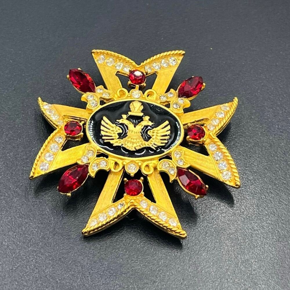 Russian‎ Maltese Cross Red Rhinestone Black Enamel Pearl Crown Eagle Brooch